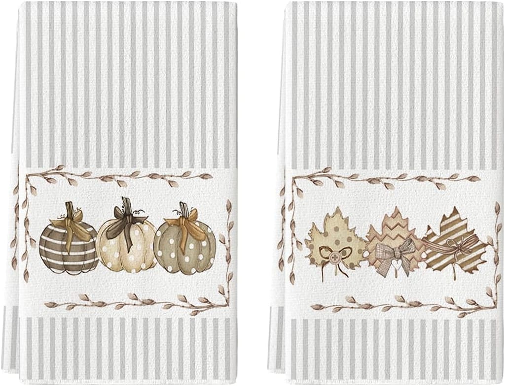 pumpkin and maple leaf stripe towel for fall